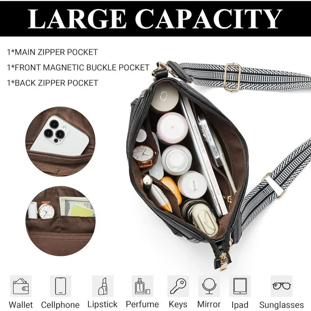 Women's 3-1 Black Vegan Leather Hobo Daily Travel Work Shoulder Crossbody Purses
